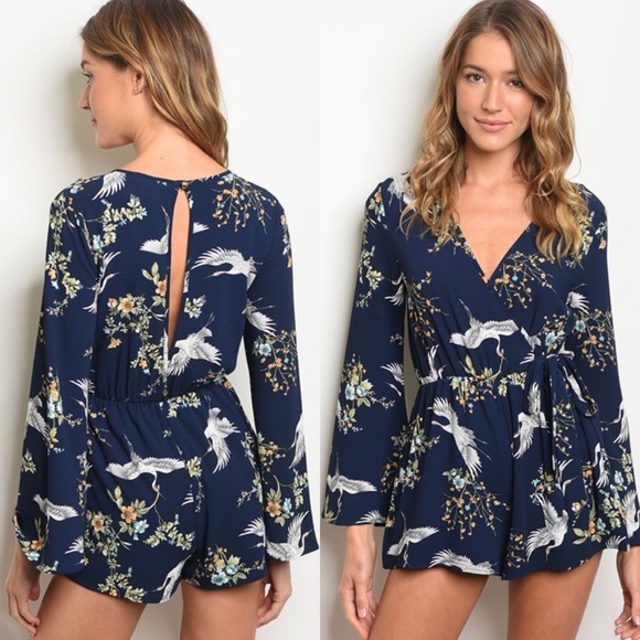 Trac Pants - Navy Romper Floral and Bird print V neck long bell sleeve